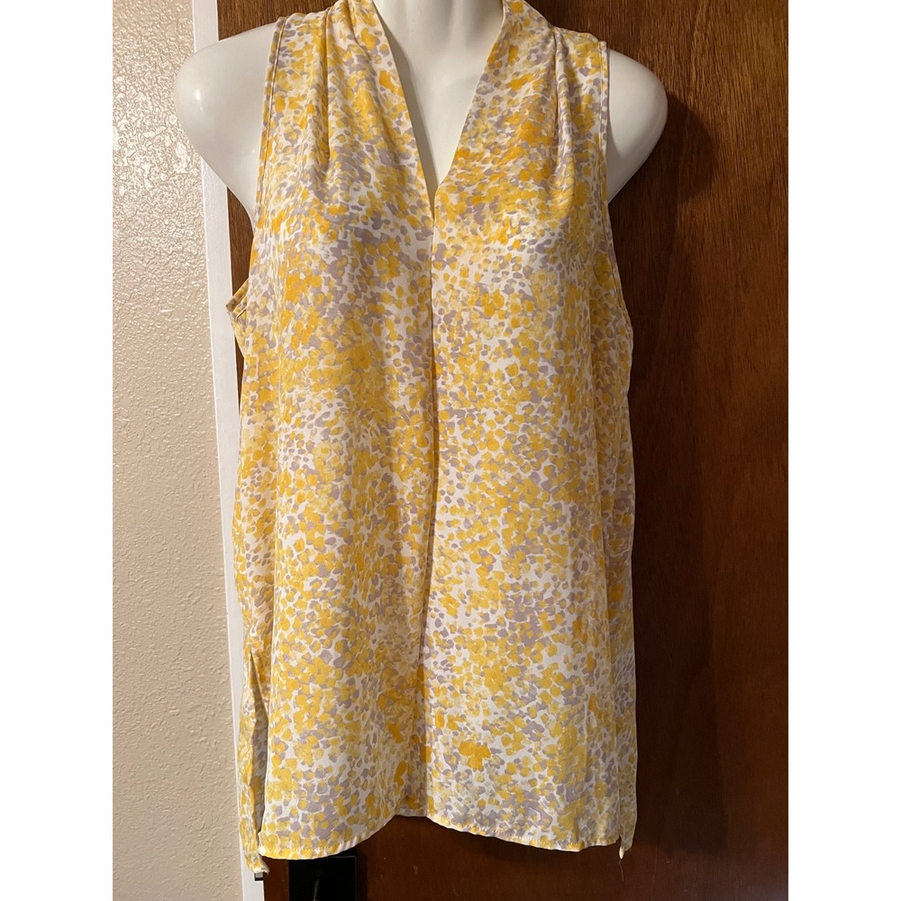 Floral & Ivy Womens Sleeveless V Neck Blouse Top S Yellow Gray Print‎ Casual